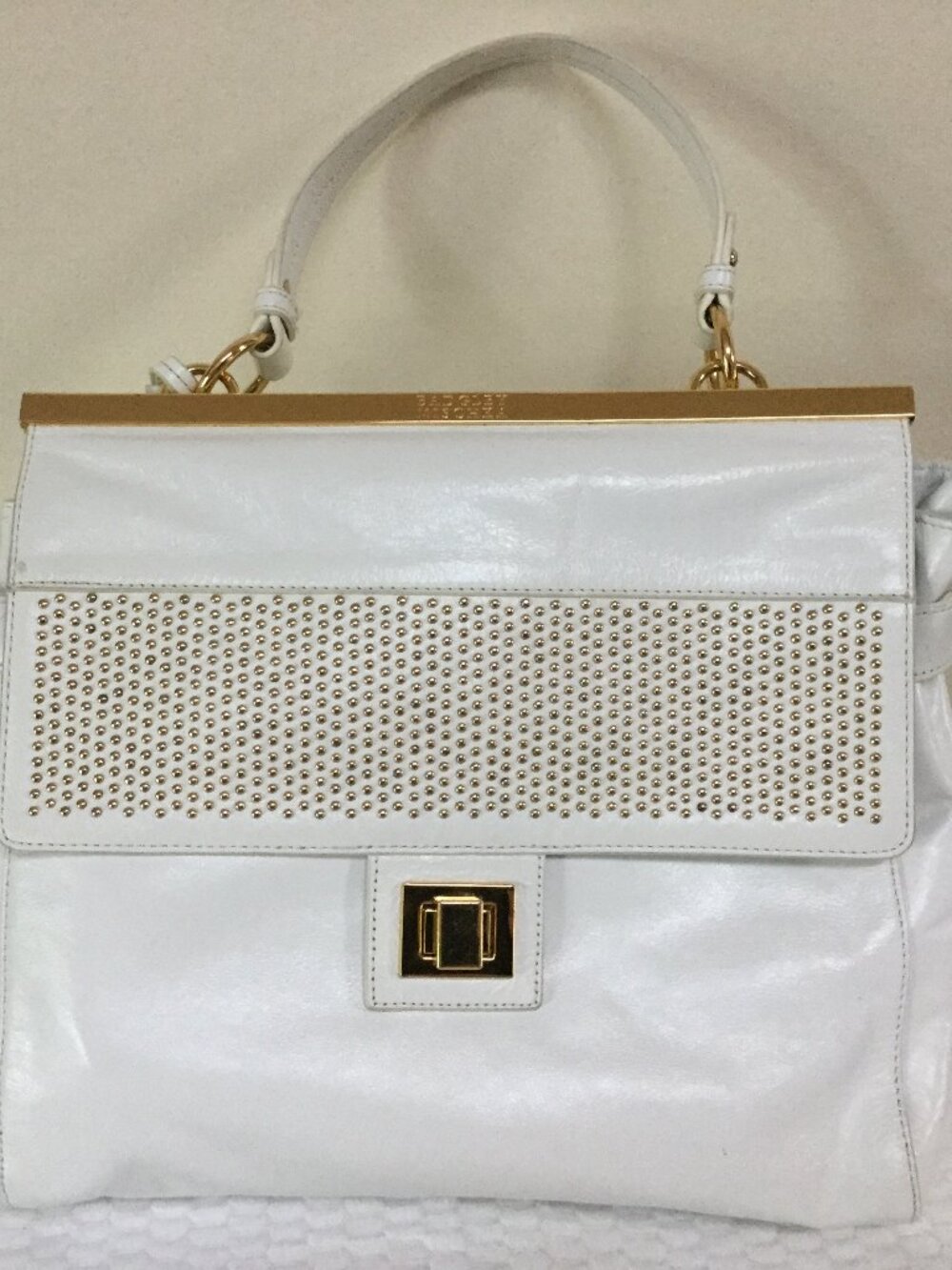Badgley Michka Women Large White gold Handbag Purse Turn lock
